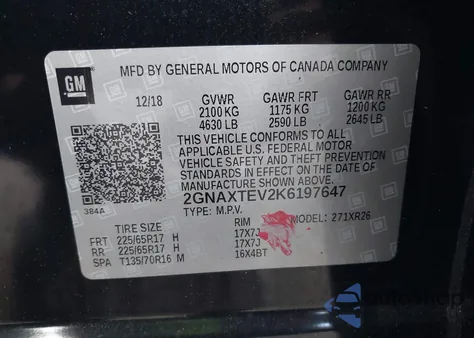 2019 Chevrolet Equinox Lt z USA, uszkodzony, nr VIN 2GNAXTEV2K6197647